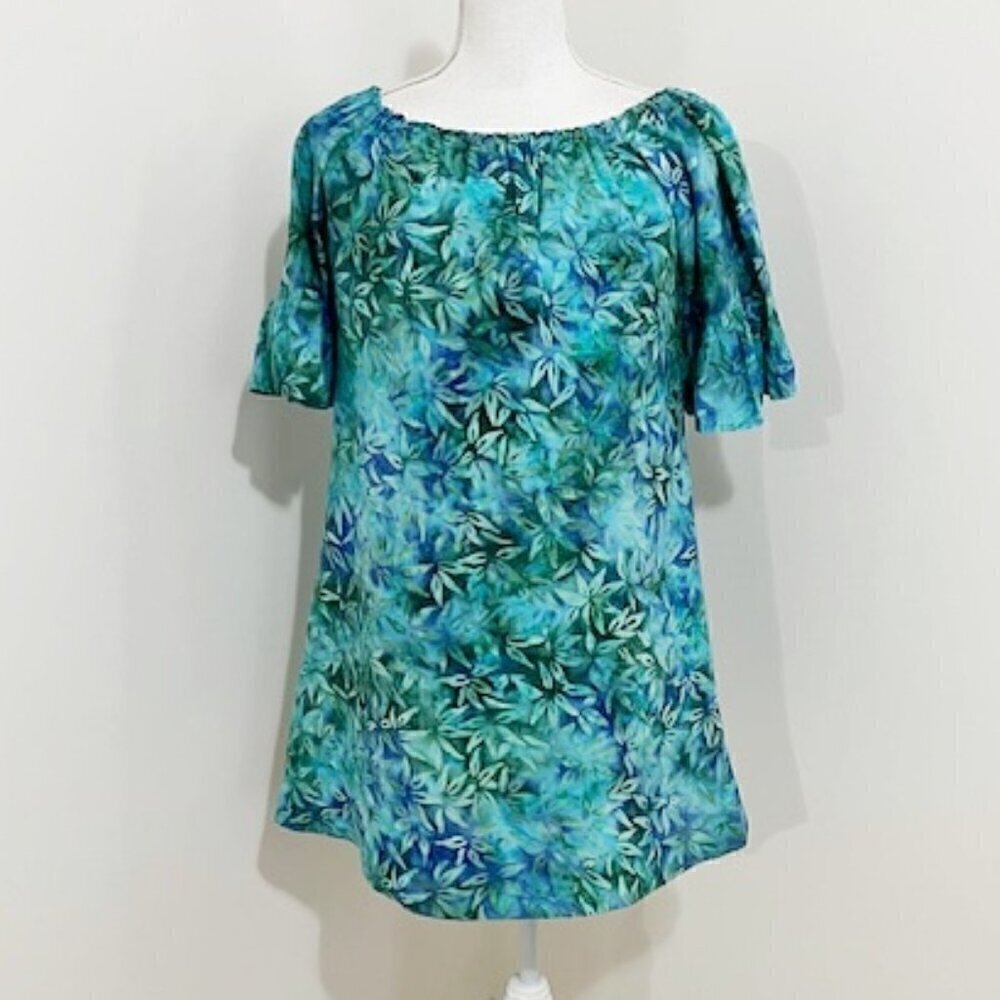 Kou Aloha Hawaiian Mini Dress Tropical Blue Green Flutter Sleeves